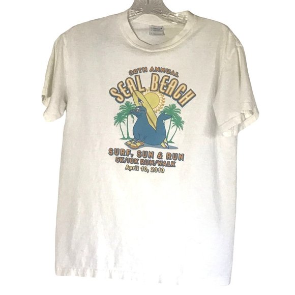Seal Beach Surf Sun Run Tee Shirt 2010 Gildan Ultra Cotton Size Small Off White - Picture 1 of 4